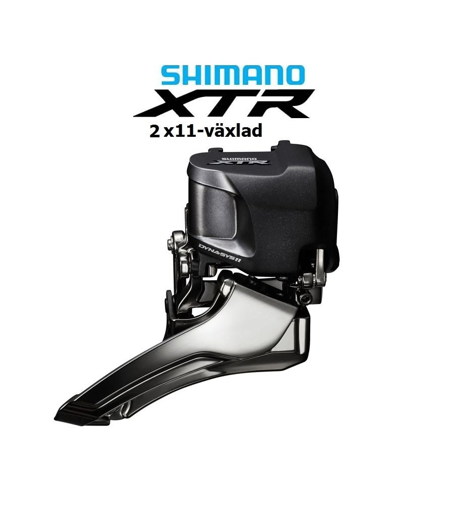 Shimano-XTR-Di2-2x11-m9070.png Detaljrik bild av en Shimano XTR Di2 FD-M9070 framväxel för 2x11 växlar, avbildad mot en ren, vit bakgrund. Produktens precisa mekanik och glänsande ytor framhävs.