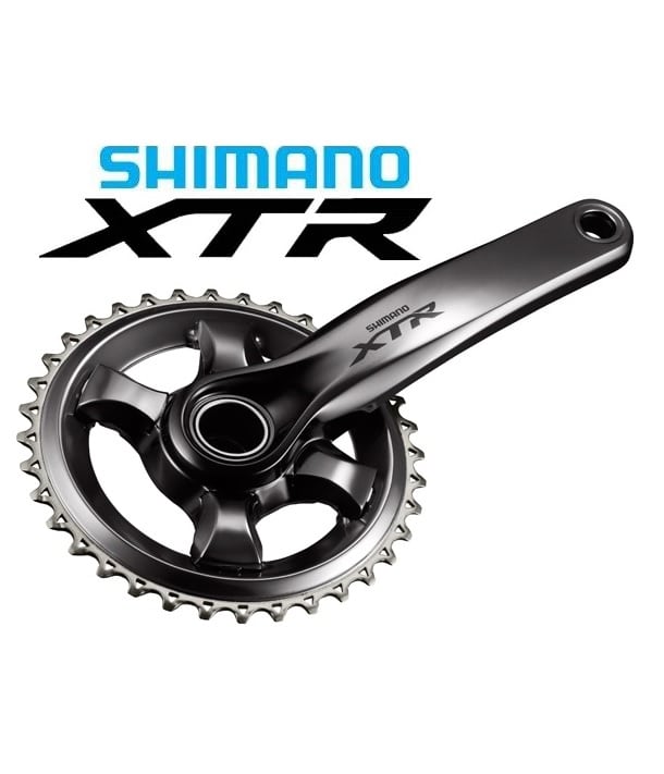 Shimano-XTR-M9020-1-11.jpg Detaljerad bild av ett Shimano XTR FC-M9020-1 Trail vevparti, avsett för 1x11-delat system, presenterat i studioljus med fokus på material och design.