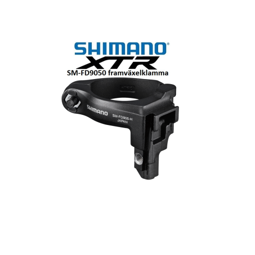 En detaljerad bild av en svart Shimano XTR framväxelklamma för FD-9050, med tydliga markeringar och skarp belysning som framhäver dess design och tillverkning. Atmosfären är professionell.