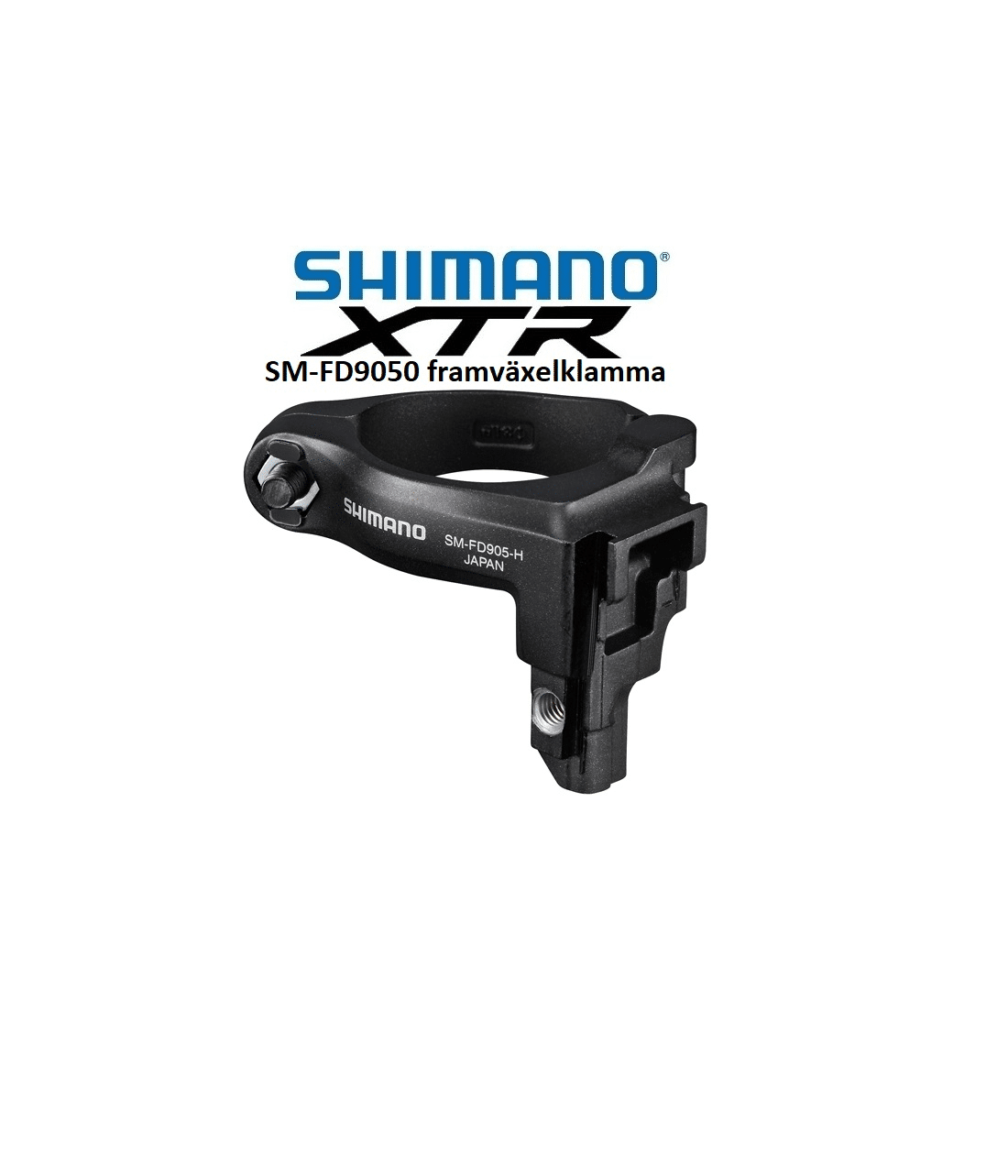 Shimano-XTR-framvaxelklamma.png En detaljerad bild av en svart Shimano XTR framväxelklamma för FD-9050, med tydliga markeringar och skarp belysning som framhäver dess design och tillverkning. Atmosfären är professionell.