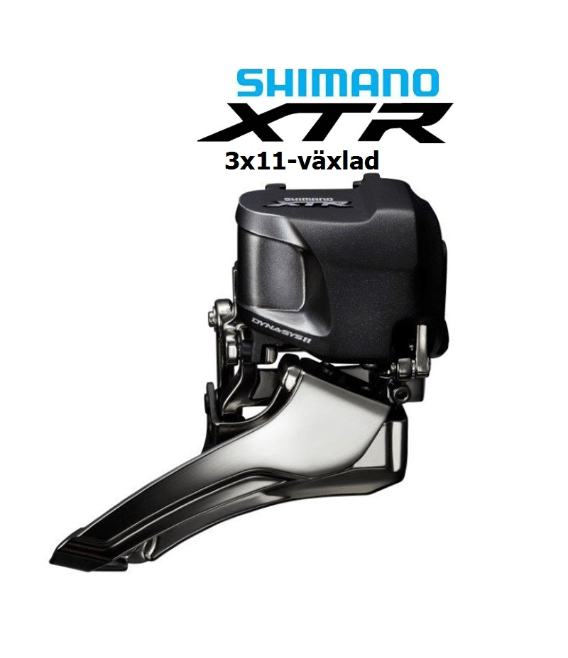 Shimano-Xtr-3x11-Di2-M9050.png Detaljerad bild av en Shimano XTR Di2 FD-M9050 framväxel. Den har en mörkgrå ovandel och en kromad kåpa, med tydlig märkning. Professionellt belyst för att framhäva produktens finish och design.