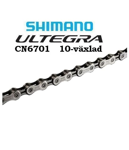Shimano-kedja-10-CN6701.jpg Shimano Ultegra CN6701-kedja för 10-växlade system, tydligt fotograferad i bra ljus. Kedjans detaljer och Shimano-logotypen framhävs. Texten 'SHIMANO ULTEGRA CN6701 10-växlad' är också framträdande.
