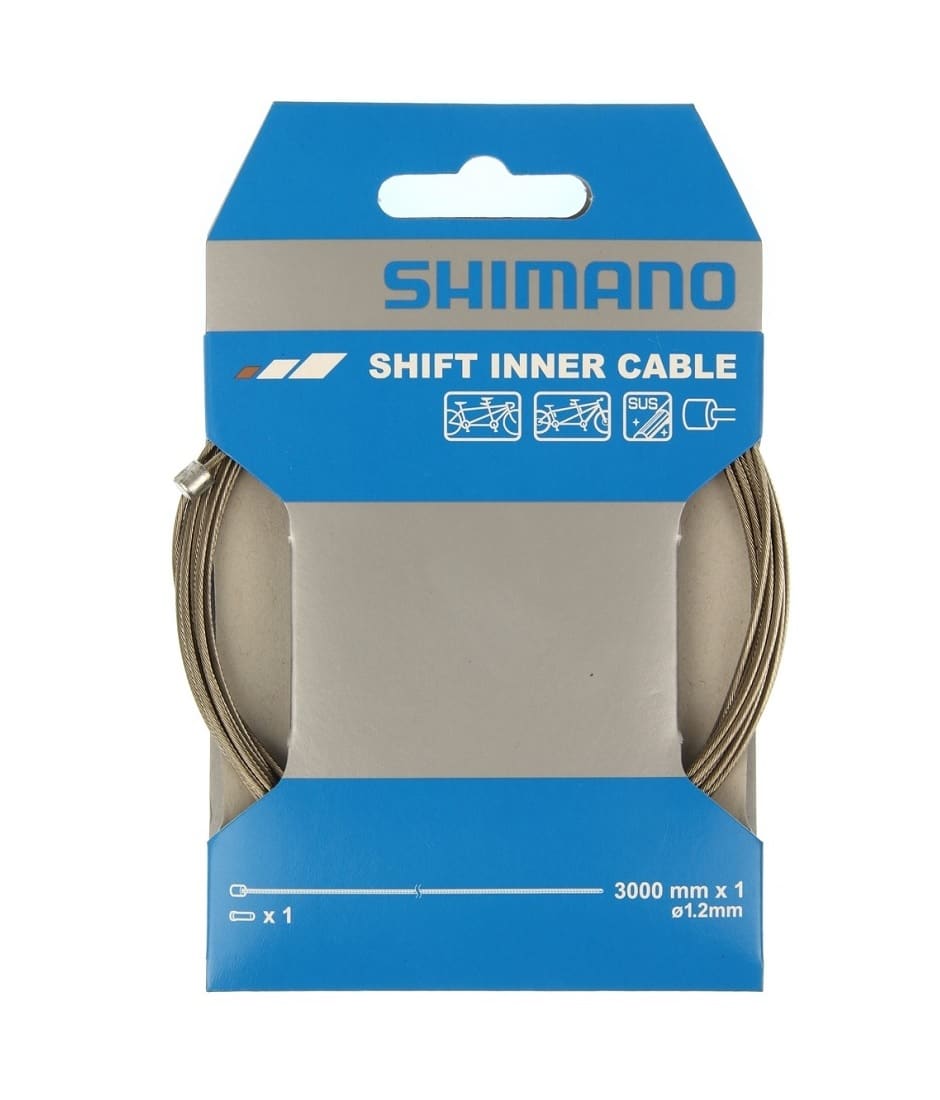 Shimano-vaxelvajer-3000.jpg En förpackning Shimano växelvajer, rostfri och extra lång, med dimensionerna 1,2 x 3000 mm. Förpackningen har en ljusblå och grå färgskala, tydligt märkt med Shimano-logotypen. Vajaern är synlig genom ett fönster i förpackningen.