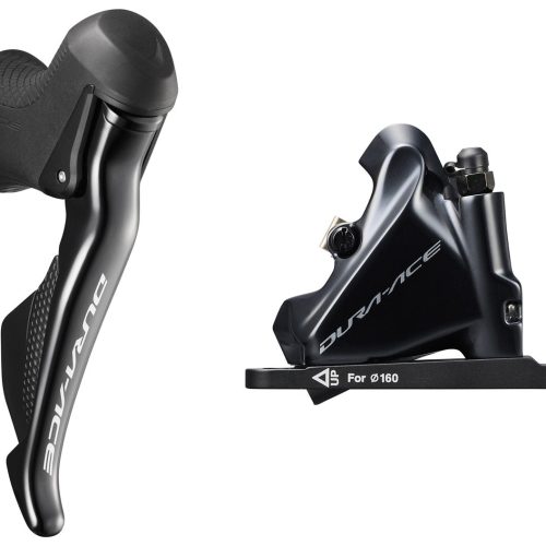 Närbild av Shimano Dura Ace Di2 ST-R9170 skivbromsset, fram och bak. Den svarta färgen accentueras av den starka belysningen, vilket framhäver varje detalj och form.