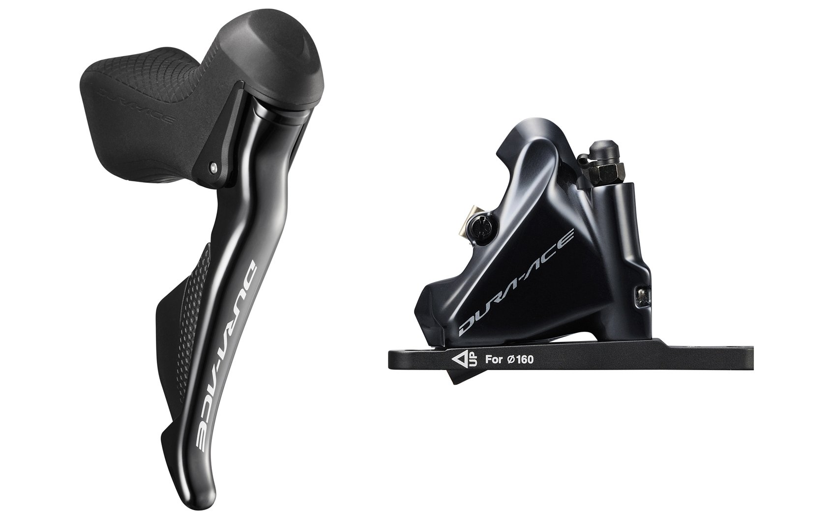 Shimano_R9170_Skiftegrebssaet_Hoejre_H_1582879016 Närbild av Shimano Dura Ace Di2 ST-R9170 skivbromsset, fram och bak. Den svarta färgen accentueras av den starka belysningen, vilket framhäver varje detalj och form.