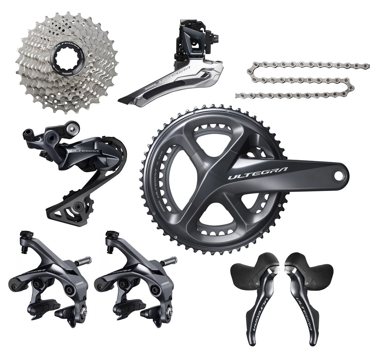 Shimano_Ultegra_R8000_Gruppe_Sort_11_1558603483 Shimano Ultegra R-8000 gruppset 2x11 med vevparti, kassetter och växlar.