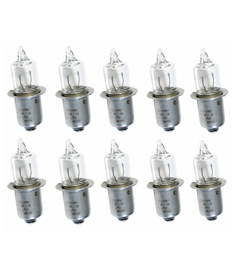 Sigma-Hallogen.jpg Tio identiska Glödlampa Sigma HS 3 6V - 2,4W halogenlampor med metallsockel är placerade i två rader om fem på en vit bakgrund.