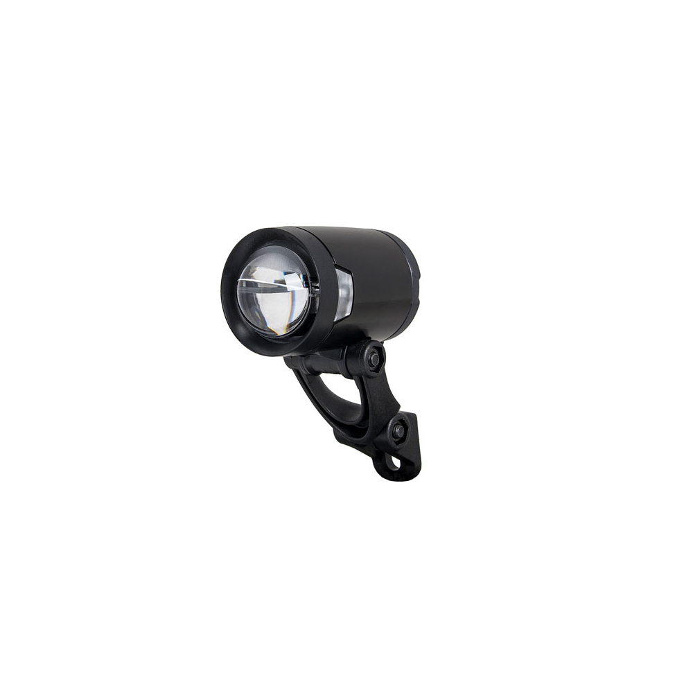 Skärmklipp - 1000x1000 Högkvalitativ cykellampa Herrmans H-Black Pro, driven av dynamo och levererar 200 lumen. Lampan är svart, robust och har en klar lins för optimal ljusspridning.