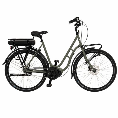 En grå, genomgående elcykel med bakre batteripaket, främre och bakre pakethållare, svarta skärmar, upprätt styre och sparkstöd, visad i profil mot en vit bakgrund.