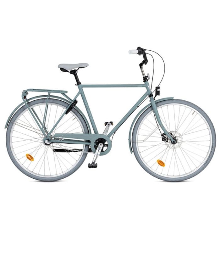 Smile-Herr-Alg-Matt.jpg En grå stadscykel med pakethållare, skärmar och sparkstöd, fotograferad i profil mot en vit bakgrund. Cykeln har platt styre, vadderad sadel och reflexer på hjul och pedaler.