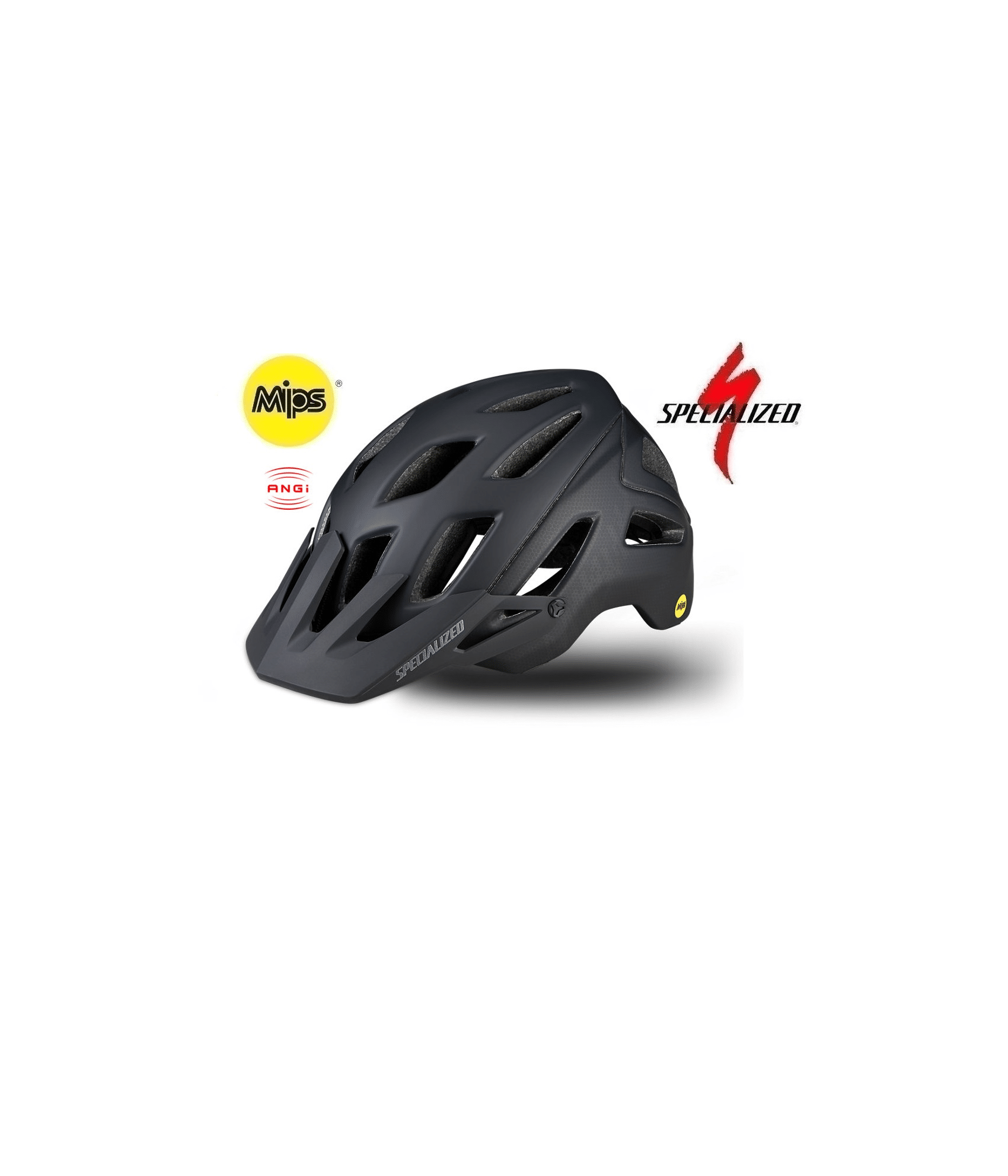 Specialized-Ambush-Angi-Mips-Svart.png Specialized Ambush Angi och MIPS-hjälmen i mattsvart har flera ventilationsöppningar, ett visir och visar både MIPS- och ANGi-logotyper. En röd Specialized-logotyp syns i bakgrunden.