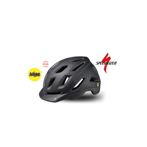Hjälm Specialized Ambush Comp E-Bike Angi och MIPS är en mattsvart hjälm med ventilationshål, logotyper för MIPS och ANGi säkerhetssystem samt Specialized-logotypen i rött och svart på vit bakgrund.