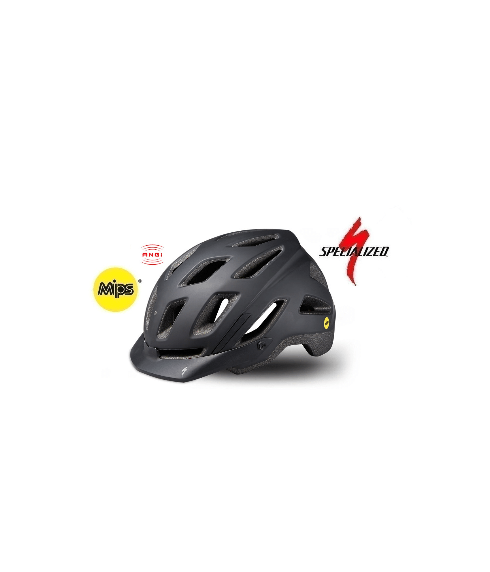 Specialized-Ambush-Comp-E-Angi-och-MIPS.png Hjälm Specialized Ambush Comp E-Bike Angi och MIPS är en mattsvart hjälm med ventilationshål, logotyper för MIPS och ANGi säkerhetssystem samt Specialized-logotypen i rött och svart på vit bakgrund.
