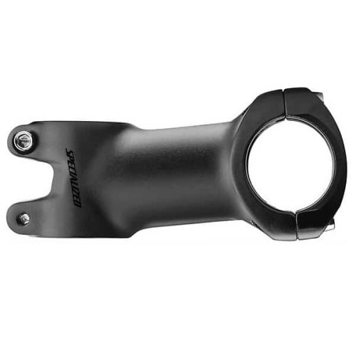 En svart Specialized MTN CNC-bearbetad styrstam mot en neutral bakgrund. Belysningen framhäver den matta ytan och detaljerna i den bearbetade aluminiumkonstruktionen. Metallskruvar syns tydligt.