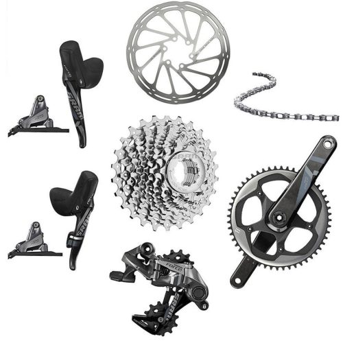En detaljerad bild av en Sram Force 1 Disc Flat Mount 42T, 1x11s komponentgrupp, med fokus på dess olika delar, framställt i en ren och välbelyst miljö.