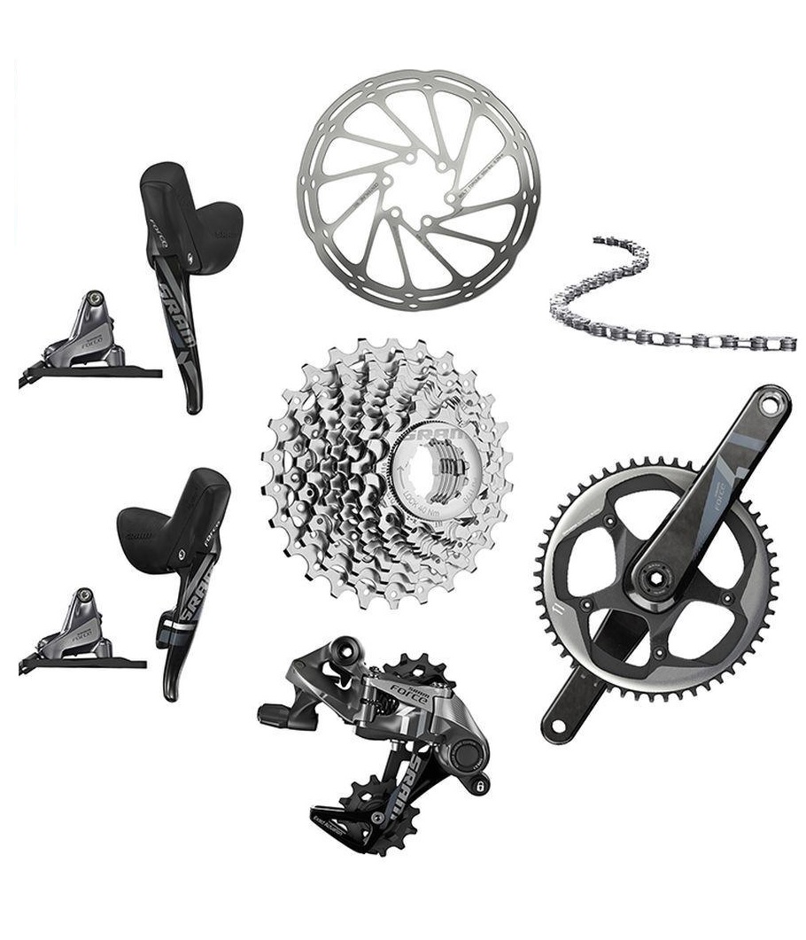 Sram-Force-1-11-disc-flat-42-11-36 En detaljerad bild av en Sram Force 1 Disc Flat Mount 42T, 1x11s komponentgrupp, med fokus på dess olika delar, framställt i en ren och välbelyst miljö.