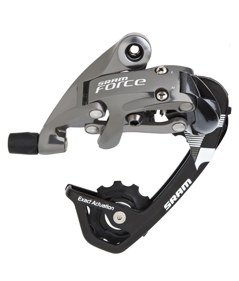 Sram-Force-WIFLI-bakvaxel.jpg Detaljerad bild av en SRAM Force WIFLI 10-växlad bakväxel. Den grå och svarta komponenten framhävs av skarpt ljus