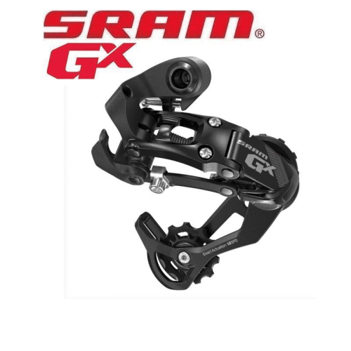 SRAM GX 10-växlad bakväxel visas i en detaljerad produktbild. Växeln är svart
