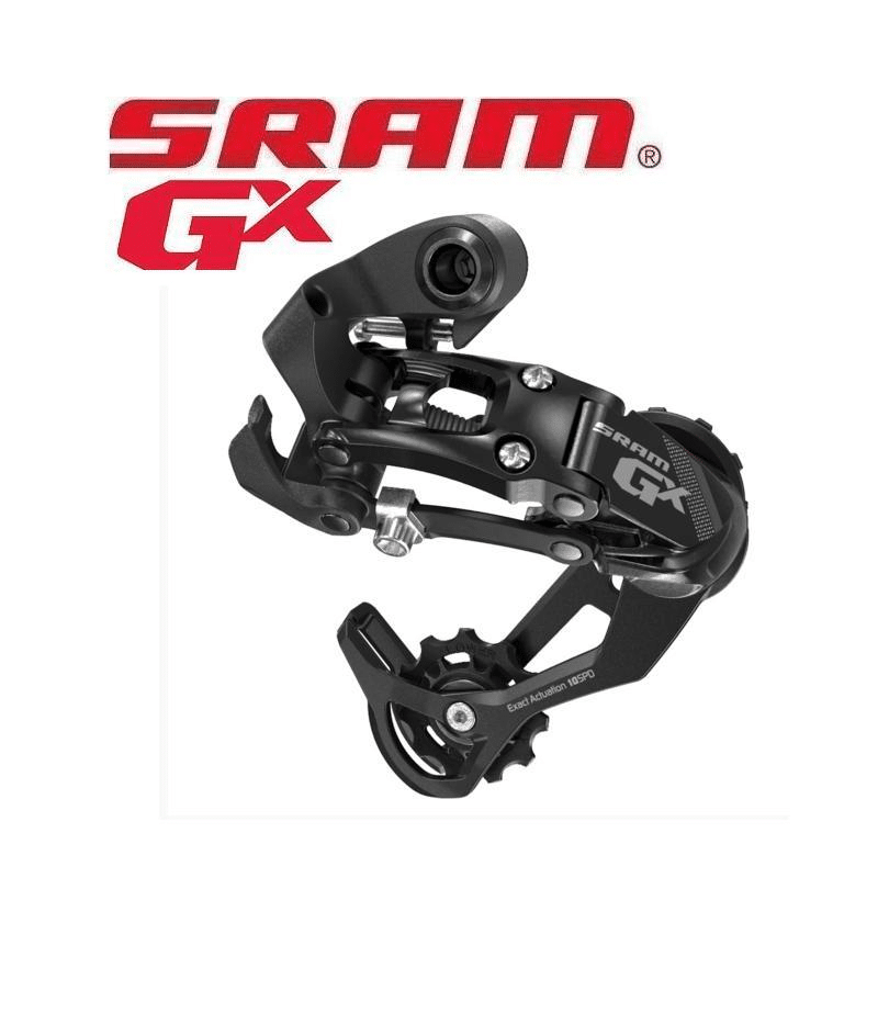 Sram-GX-2x10-1.png SRAM GX 10-växlad bakväxel visas i en detaljerad produktbild. Växeln är svart, belyst för att framhäva dess mekaniska design och finish mot en neutral bakgrund.