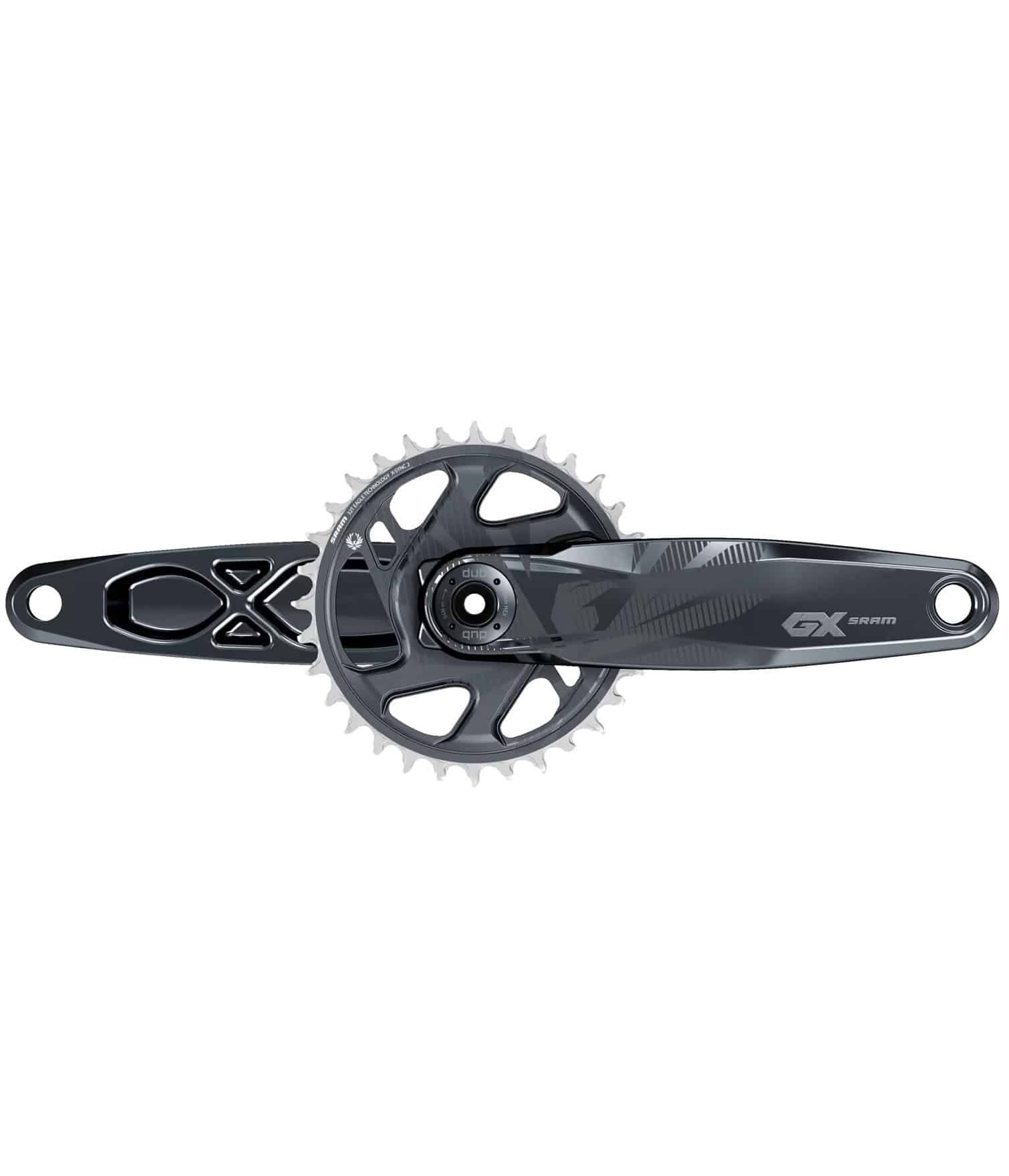 Sram-GX-Boost-vevparti.jpg Detaljerat vevparti Sram GX Eagle DUB Boost 32T, designat för 1x12-växlarsystem. Fokuserat ljus framhäver den mörka färgen och den exakta konstruktionen, vilket ger en elegant, teknisk atmosfär.