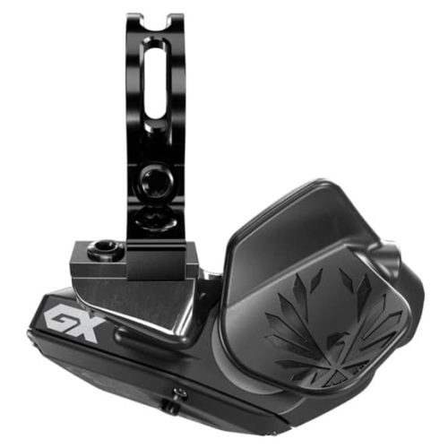 Sram GX Eagle AXS 12-växlad växelreglage i svart utförande. Detaljerad bild med fokus på reglagets design och "GX"-märkning