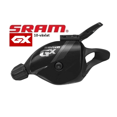 Sram GX Trigger växelreglage i svart, perfekt för 10-växlade cyklar. Ljuset framhäver detaljerna och den robusta designen. Klart och professionellt foto.
