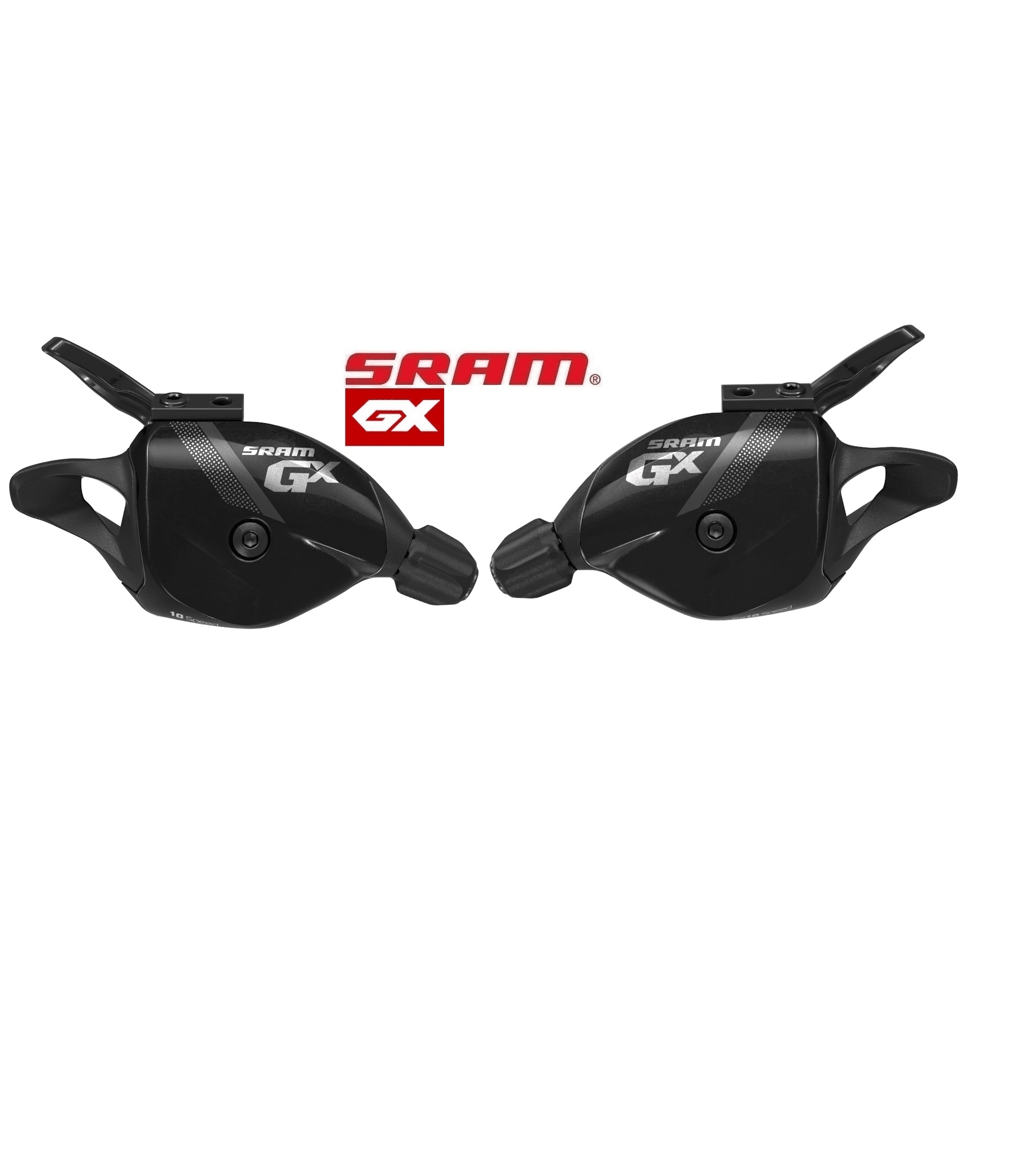 Sram-GX-reglage-2x10-1.png Två SRAM GX Trigger växelreglage för 2x10 växlar, presenterade mot en vit bakgrund. Reglagen är i svart och texten framhävs i silver. Atmosfären är ljus och detaljerna tydliga.
