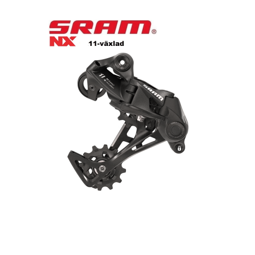 Svart Sram NX X-Horizon bakväxel, 11-växlad. Produktdetaljer med SRAM-logotypen och "11-Speed X-Actuation" text. Bra ljus, skapar djup och framhäver de intrikata mekaniska detaljerna.