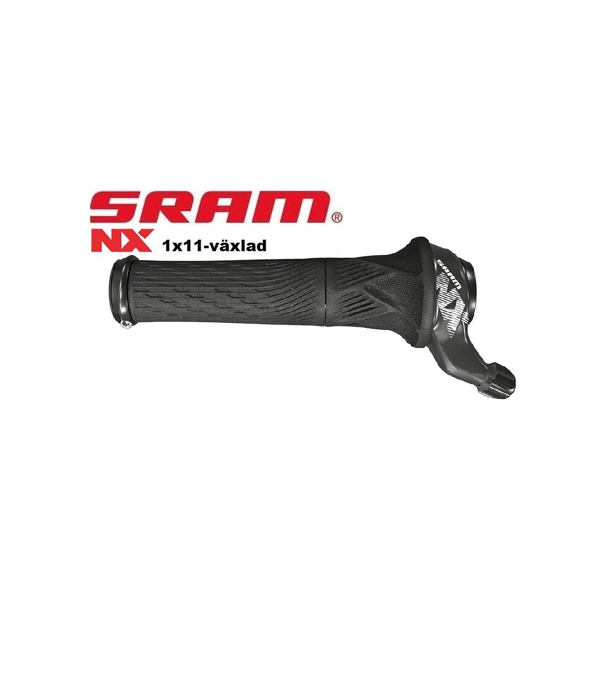 Sram-Nx-twist-reglage-11.png Svart Sram NX Twist Shifter, 11-växlad. Handtag med texturerat grepp och tydlig Sram-logotyp. Kontrastrika detaljer och bra ljus på produkten.