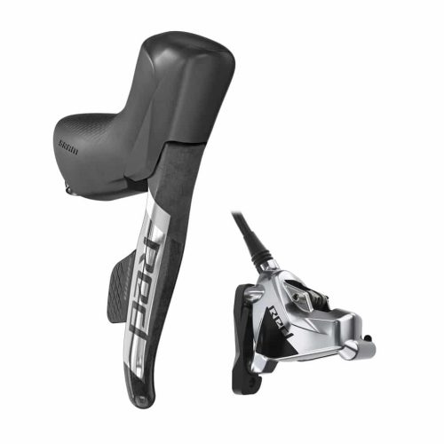 Detaljerad bild av ett SRAM Red eTap AXS skivbromsset för 2x12 växlar. Mörkgrå bromshandtag med "RED" i silver