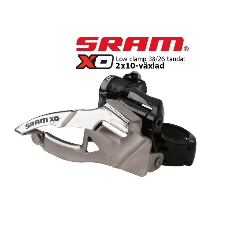 En detaljerad bild av en Sram X0 framväxel med lågklamma, avsedd för 2x10-växlade system. Metalliska och svarta detaljer fångas i klar belysning.