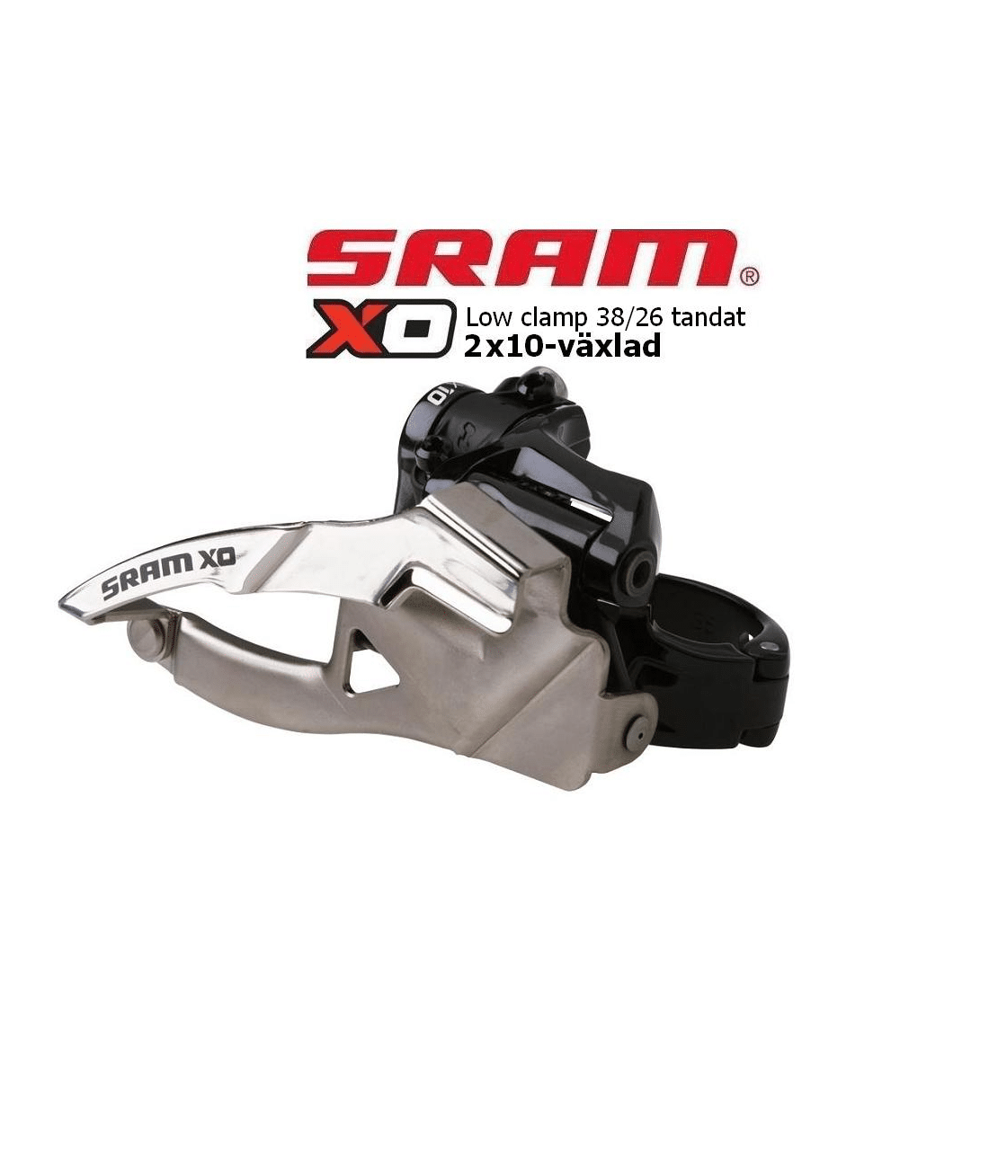 Sram-X0-2x10-1.png En detaljerad bild av en Sram X0 framväxel med lågklamma, avsedd för 2x10-växlade system. Metalliska och svarta detaljer fångas i klar belysning.
