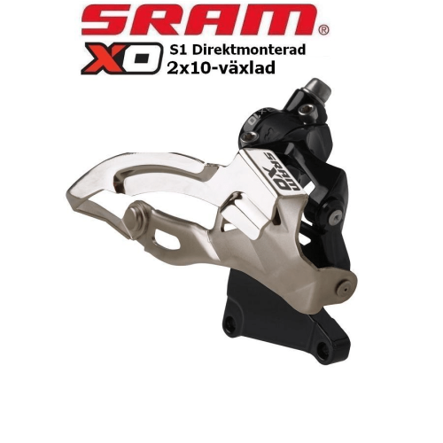 Närbild på en SRAM X0 S1 direktmonterad framväxel för 2x10 växlar. Detaljerad bild med fokus på konstruktion och design, troligen en produktbild för försäljning online.