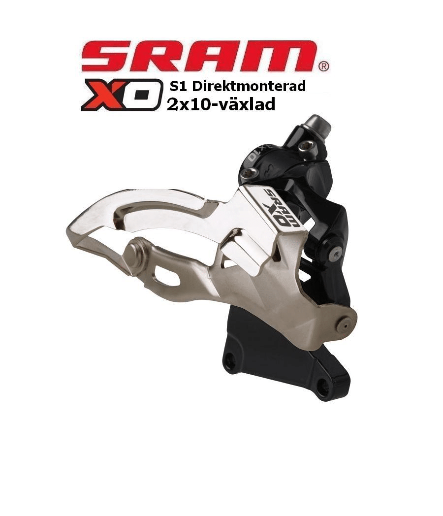 Sram-X0-2x10-2.png Närbild på en SRAM X0 S1 direktmonterad framväxel för 2x10 växlar. Detaljerad bild med fokus på konstruktion och design, troligen en produktbild för försäljning online.