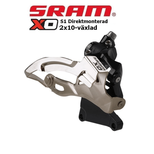 Detaljerad bild av en Sram X0 S1 direktmonterad framväxel, 2x10-växlad. Silverfärgad metall och svart konstruktion, välbelyst för att framhäva design och funktion.