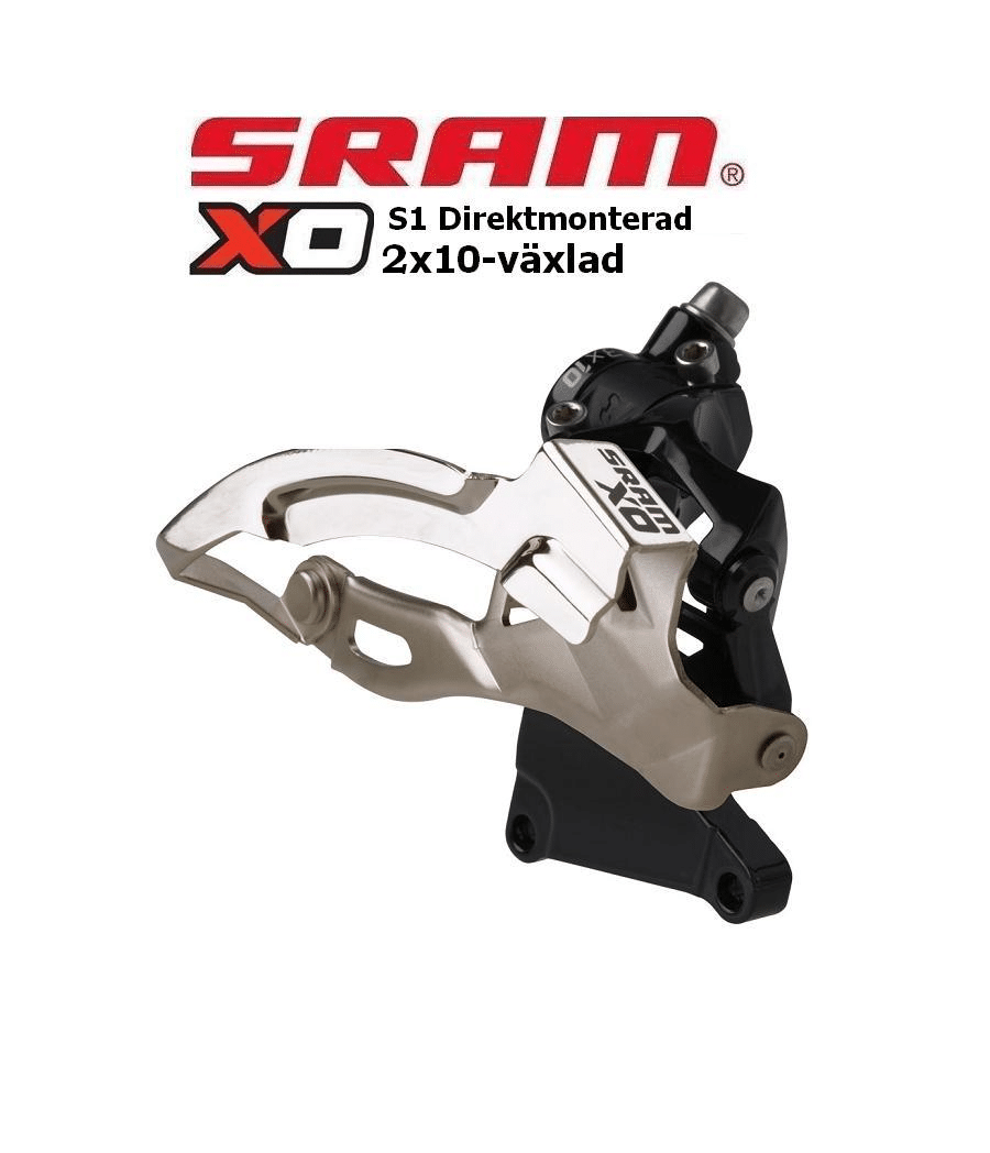 Sram-X0-2x10-3.png Detaljerad bild av en Sram X0 S1 direktmonterad framväxel, 2x10-växlad. Silverfärgad metall och svart konstruktion, välbelyst för att framhäva design och funktion.