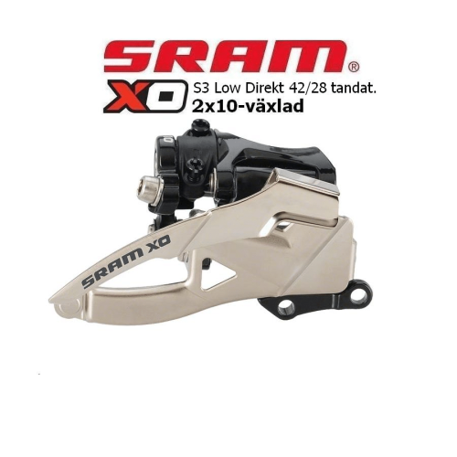 Detaljerad bild av en Sram X0 S3 direktmonterad framväxel för 2x10 växlar. Silverfärgad med svarta detaljer. Skarp belysning framhäver produktens kvalitativa design.