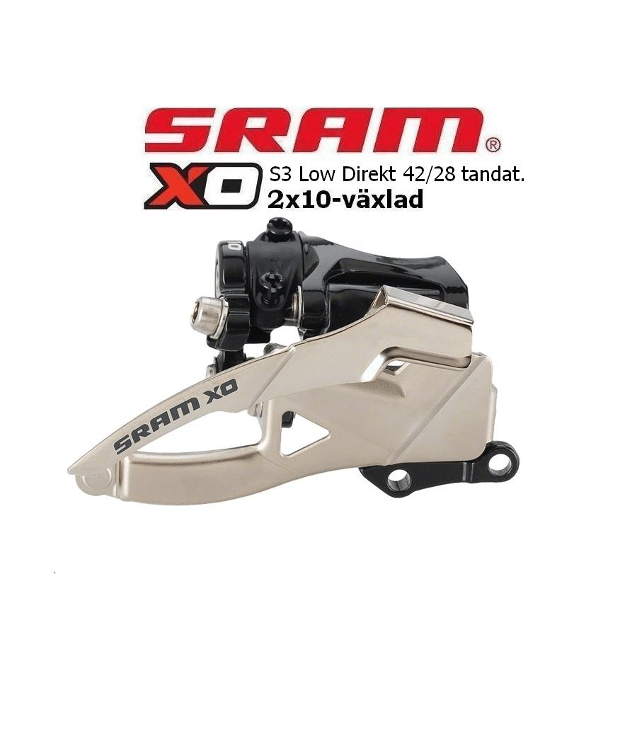 Sram-X0-2x10-7.png Detaljerad bild av en Sram X0 S3 direktmonterad framväxel för 2x10 växlar. Silverfärgad med svarta detaljer. Skarp belysning framhäver produktens kvalitativa design.