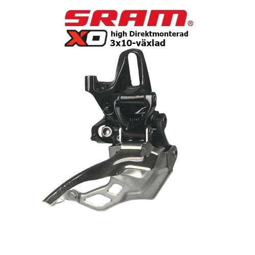 Detaljrik bild av en Sram X0 framväxel, high direktmonterad compact för 3x10 växlar. Den svarta mekanismen framträder tydligt mot den ljusa bakgrunden, med fokus på dess komplexa design.