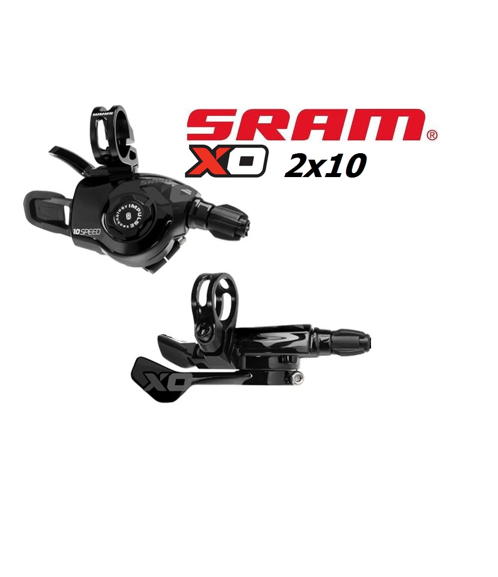 Sram-X0-reglage-2x10-1.png Sram X0 Trigger växelreglage, 2x10s, visas i svart mot en ljus bakgrund. Detaljerad produktbild med fokus på design och tekniska detaljer, framhävd av stark belysning.