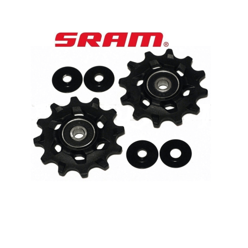 Svarta Sram X-Sync rulltrissor för GX/X01/X01DH/X1/CX1 1x11-växlad, belysta framifrån mot vit bakgrund. Detaljrika med skarpa kanter och synliga kullager.