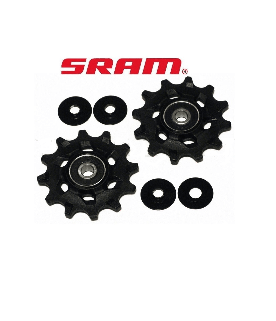 Sram-X01-GX-X1-Rulltrissor.png Svarta Sram X-Sync rulltrissor för GX/X01/X01DH/X1/CX1 1x11-växlad, belysta framifrån mot vit bakgrund. Detaljrika med skarpa kanter och synliga kullager.