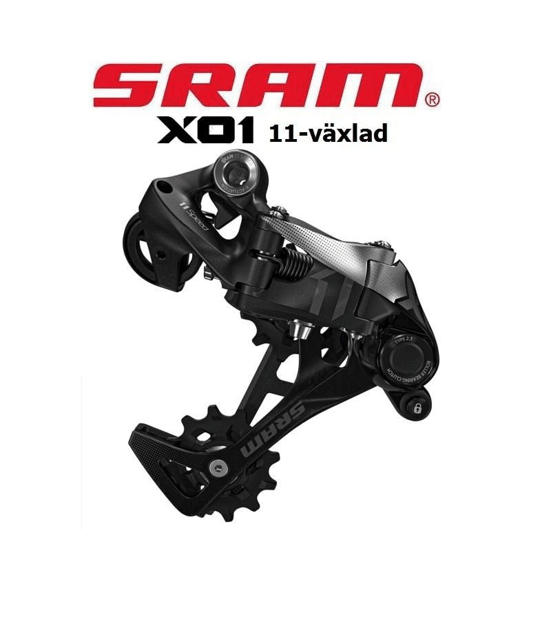 Sram-X01-Grey.png Närbild på en SRAM X01 Type 2.1 X-Horizon 11-växlad bakväxel mot en ljus bakgrund. Detaljrikedom i metallkonstruktionen framhävs av det skarpa ljuset, som även betonar den moderna designen.