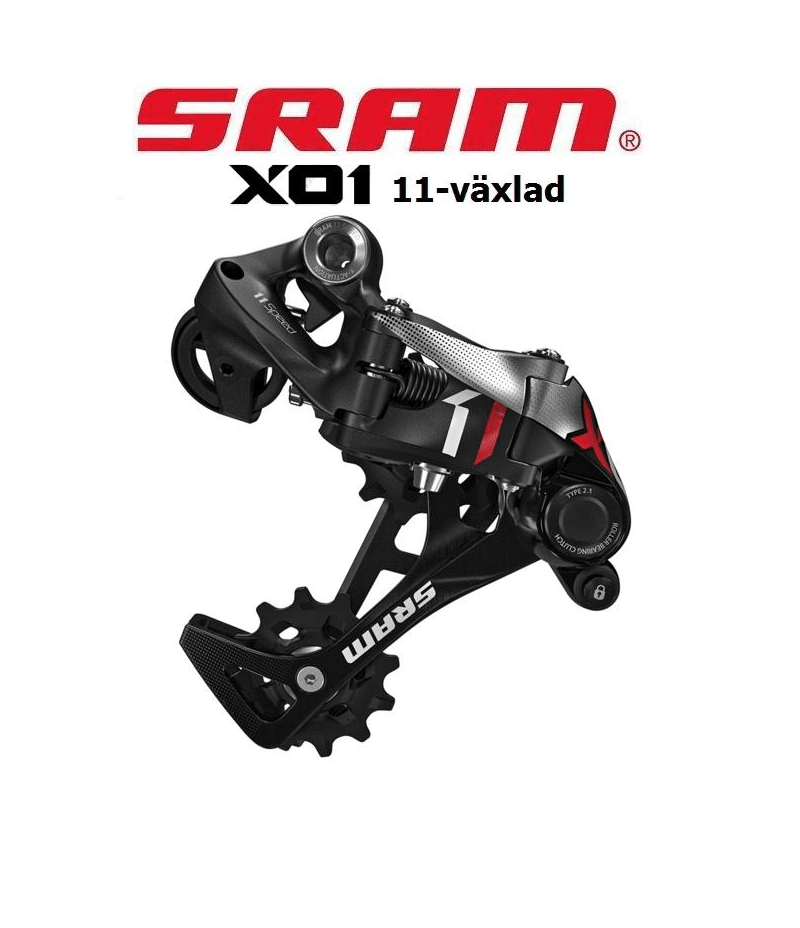 Sram-X01-Red.png En Sram X01 Typ 2.1 X-Horizon bakväxel, 11-växlad. Växeln är i fokus, med SRAM logotypen synlig. Atmosfären är professionell, med detaljerad belysning som framhäver produktens design och kvalitet.