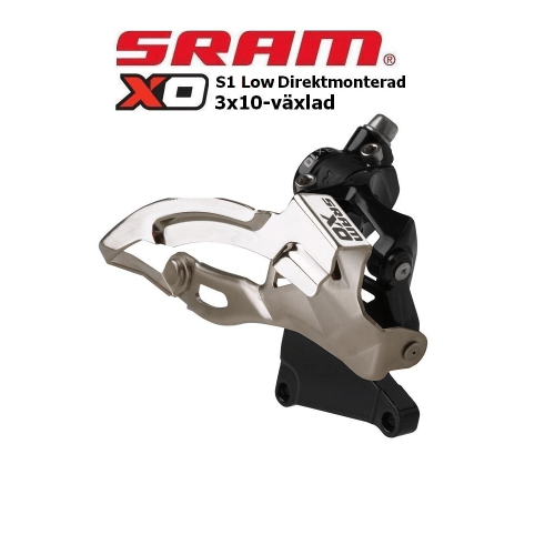 Framväxel Sram X0 S1, direktmonterad, 3x10s. Detaljrik bild med stark belysning som framhäver kromdetaljerna och den svarta mekanismen. Produktfotografi med fokus på växelsystemets konstruktion och design.