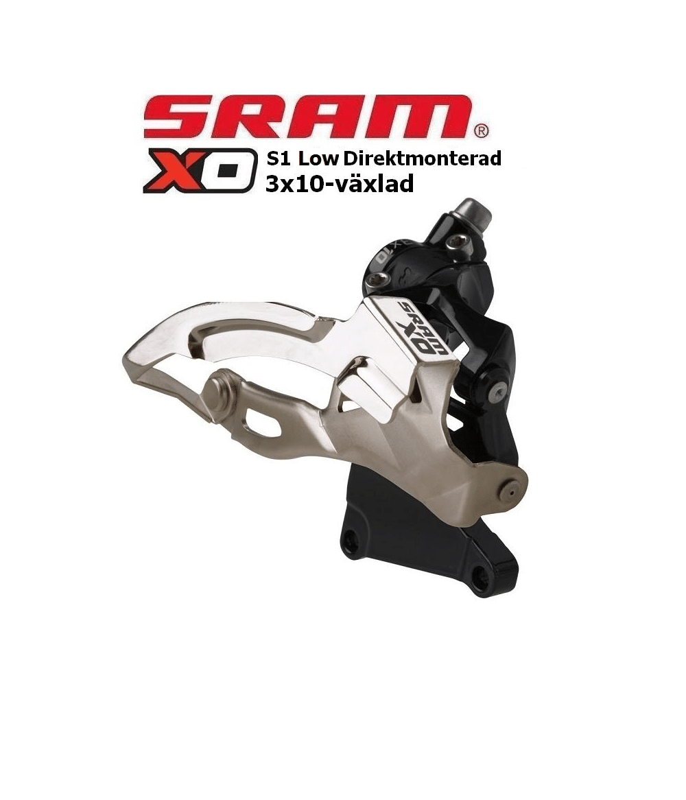 Sram-X03x10-2.png Framväxel Sram X0 S1, direktmonterad, 3x10s. Detaljrik bild med stark belysning som framhäver kromdetaljerna och den svarta mekanismen. Produktfotografi med fokus på växelsystemets konstruktion och design.