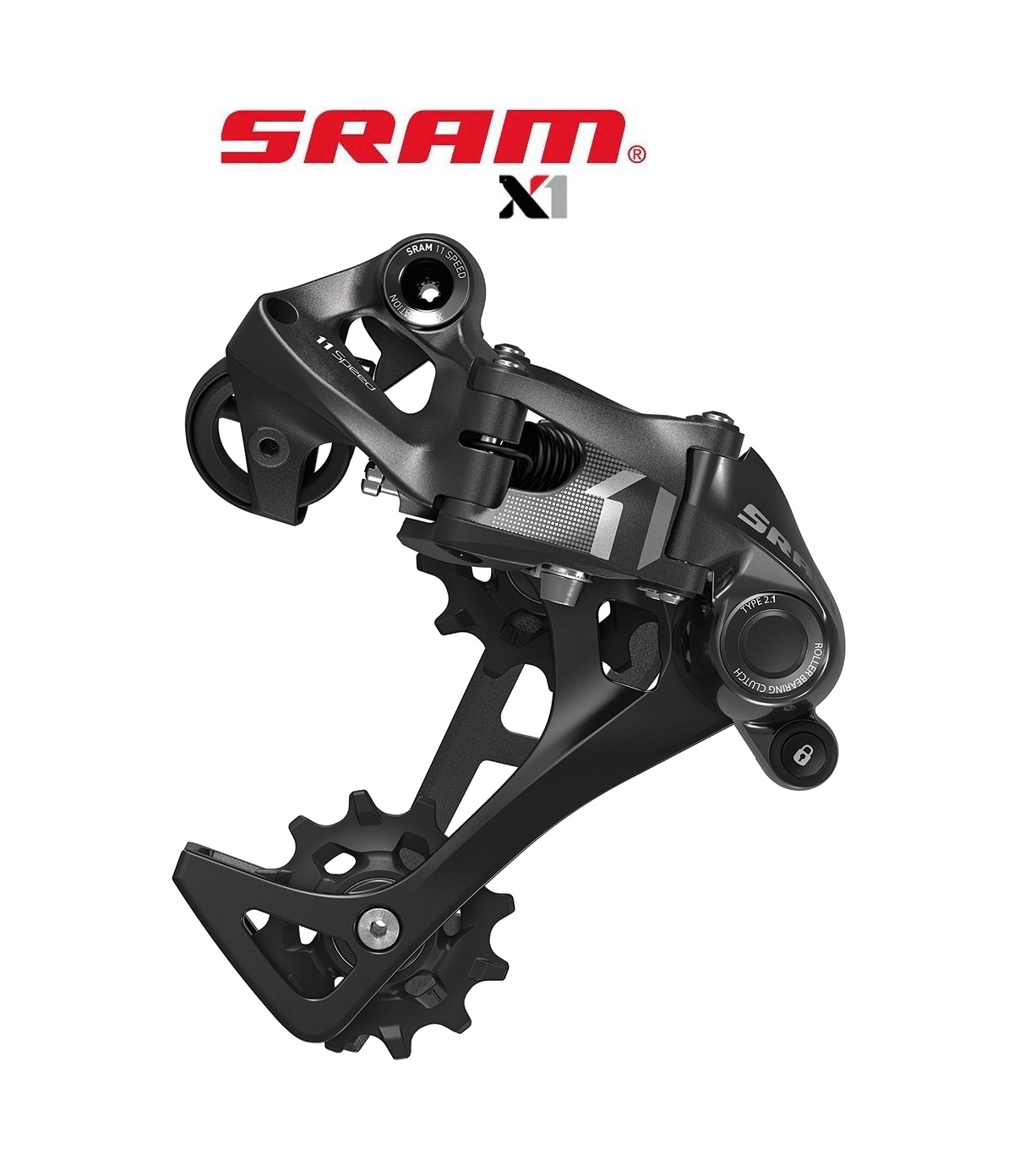 Sram-X1-Grey.png Detaljrik produktbild av en svart Sram X1 2.1 X-Horizon bakväxel för 11-växlad cykel. Fokuserat ljus framhäver mekaniska detaljer och texturer, mot en ren vit bakgrund. Märkeslogotypen SRAM® X1 syns tydligt ovanför växeln.