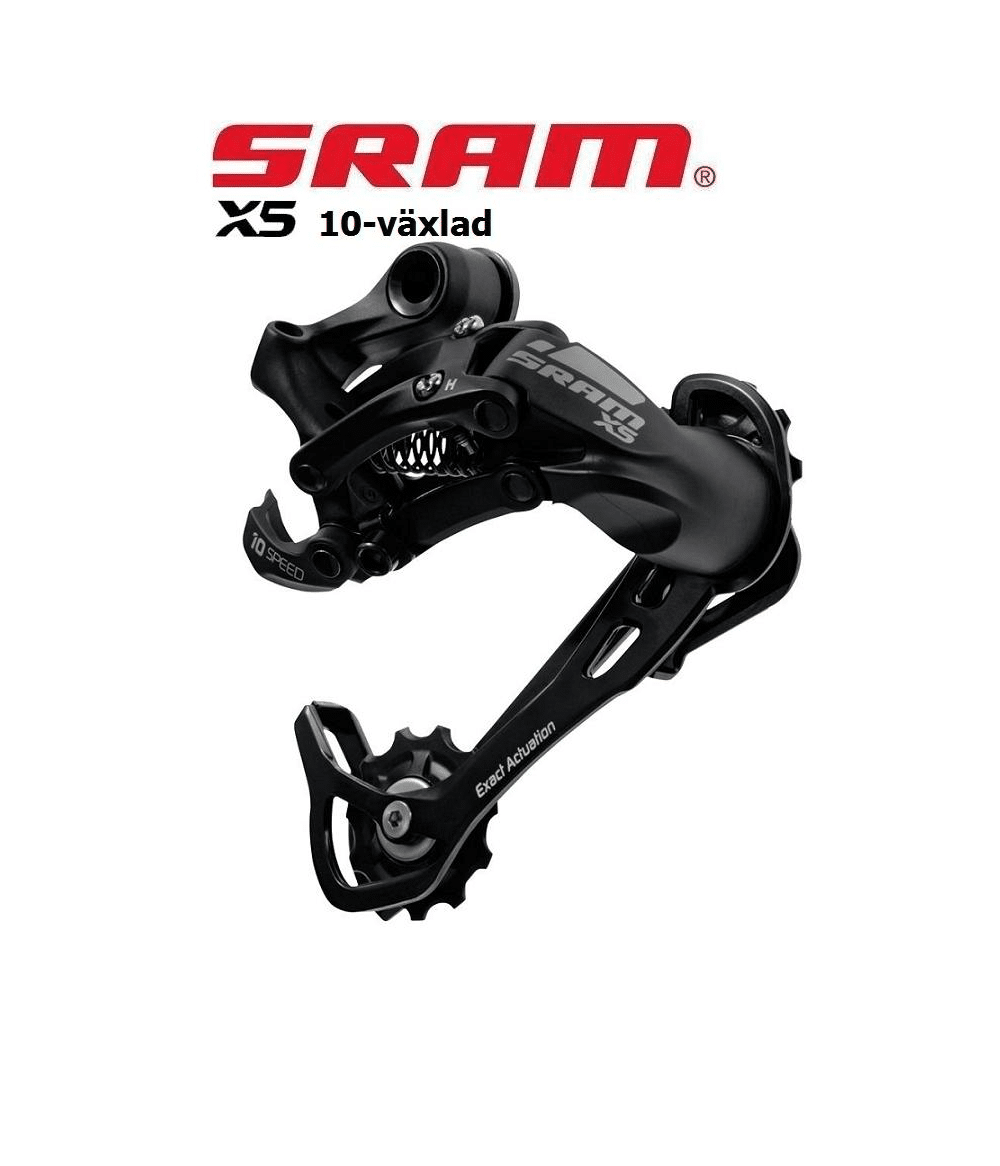 Sram-X5-2-3x10-1.png Svart Sram X5 10-växlad bakväxel visas i detalj, med skarp belysning framhävande mekaniska komponenter. Märke och specifikationer framträder tydligt i fokus.