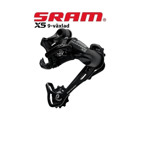 Detaljerad bild av en svart SRAM X5 9-växlad bakväxel, belyst för att framhäva dess komplexa mekanik och design. Texten "Exact Actuation" syns tydligt på komponenten.