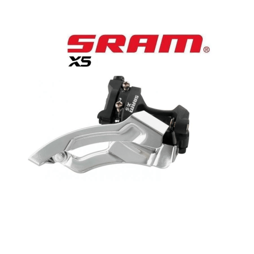 Detaljrik bild av en framväxel Sram X5 med lågklämma, avsedd för 3x9-växlade system. Silverfärgad metall och svarta detaljer framhävs av starkt ljus.